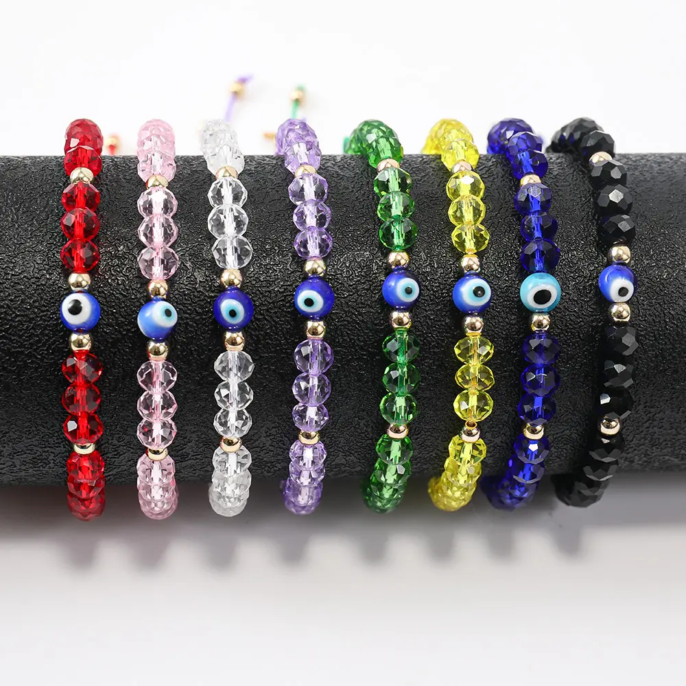 Pulseiras de contas de cristal trançado multicoloridas feitas à mão personalizadas para mulheres, joia Evil Eye