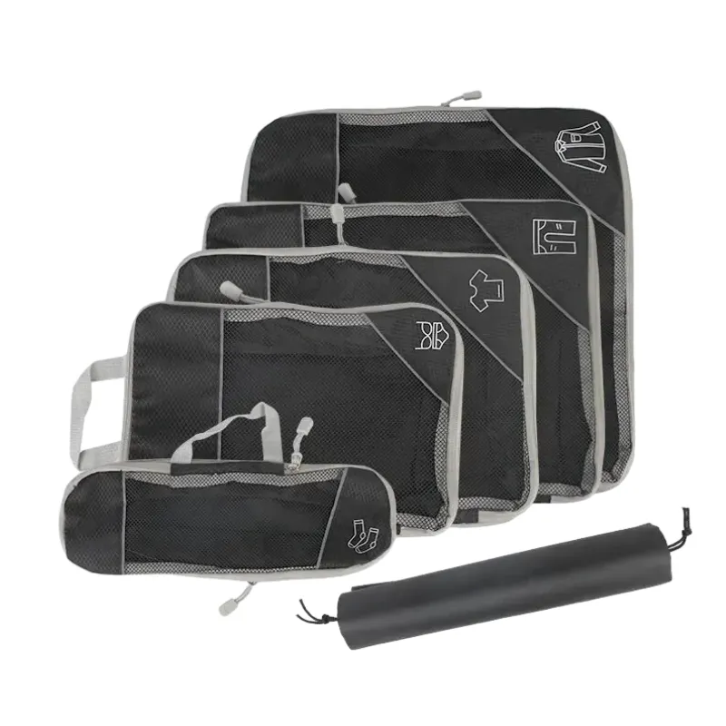 Ensemble d'organisateur de stockage de voyage avec sacs de valise légers portables Cubes d'emballage compressés sac à chaussures bagages en maille