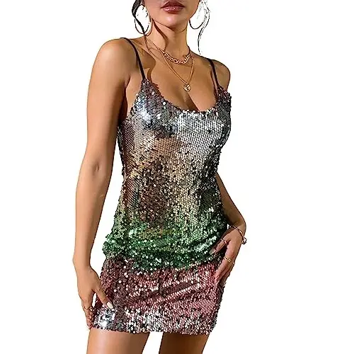 Vestido de lentejuelas brillantes para mujer Correa de espagueti ajustable Moda Vestidos de fiesta brillantes