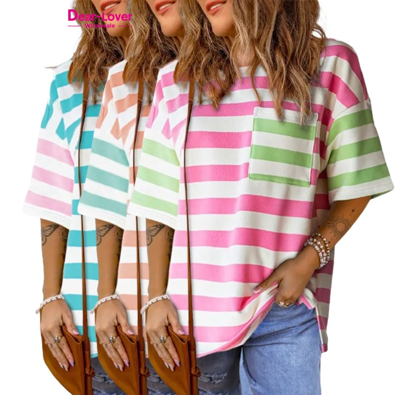 Dear-Lover Western Woman Clothing Ladies Pink Stripe Contrast Patch Pocket Drop Sleeve T Shirt Tops for Women