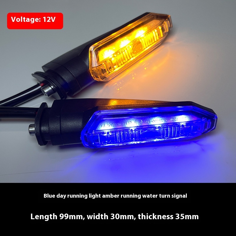 Blue daytime running light, yellow flowing turn signal light