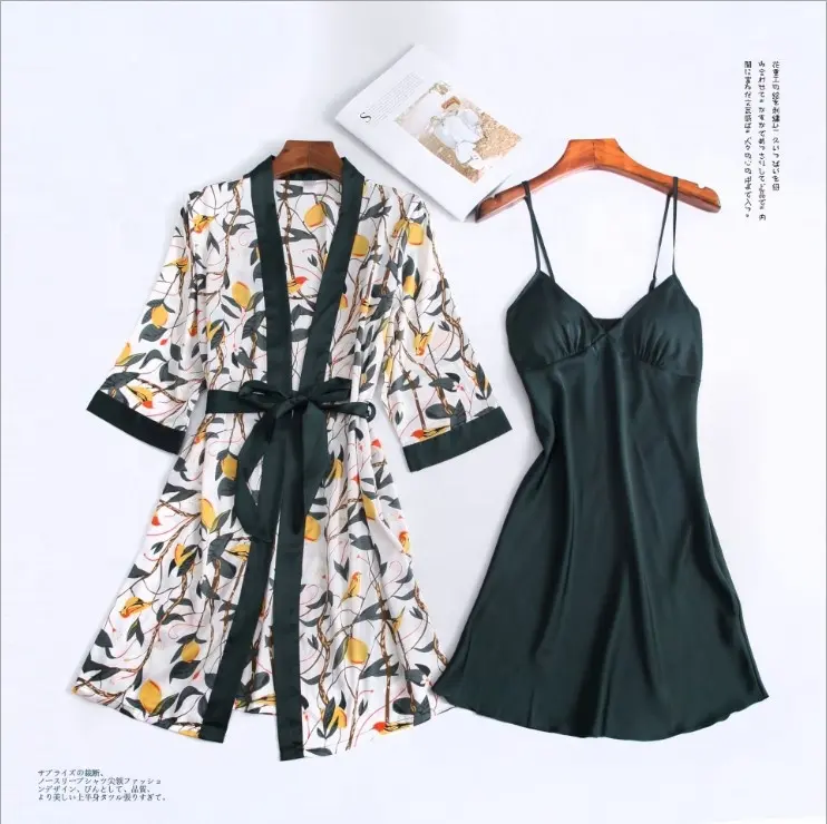 Ensemble de robes en Satin 2 pièces, nouveau style, à la mode, imprimé floral, peignoir sexy pour femmes, été, kimono, pyjamas, vêtements de nuit, vente en gros