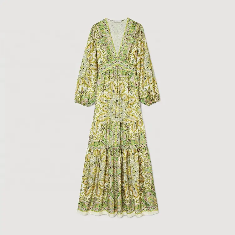 Clothing Manufacturer Custom Spring Autumn V Neck Long Sleeve elegant casual Women Scarf Print Maxi Dress