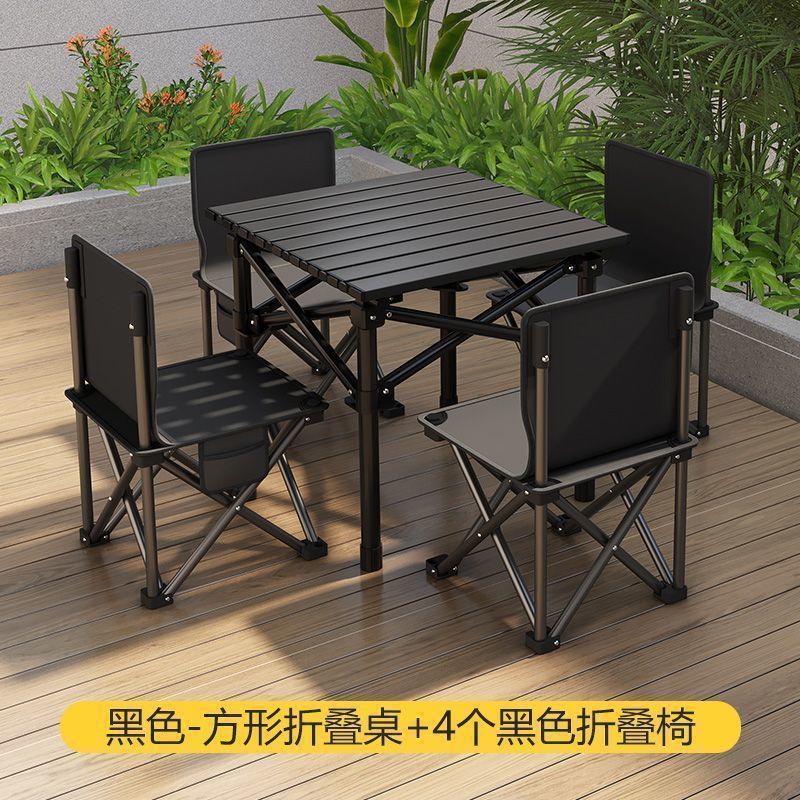 Black and silver colored 52cm square table with 4 36cm folding chairs