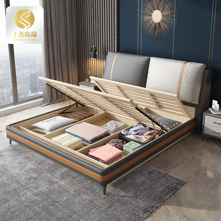 150*200cm deri katı ahşap yumuşak yatak yatak odası mobilyası depolama lüks Modern kraliçe çerçeve çift ahşap yatak