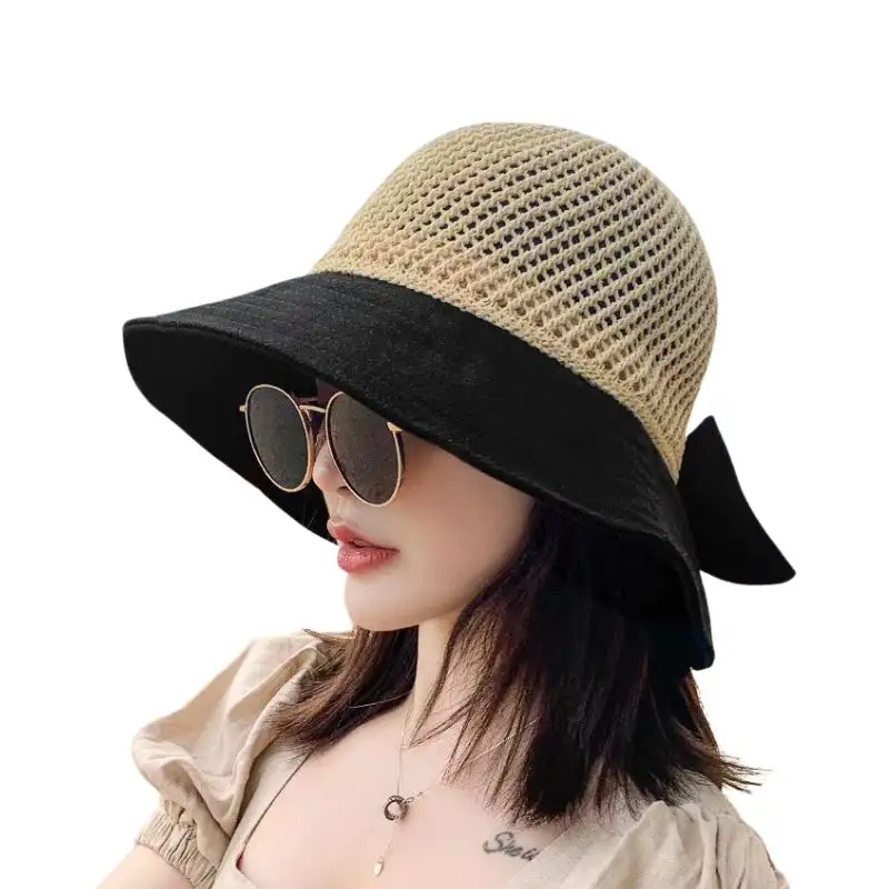 Großhandel Raffia Wide Brim Panama Damen Sonnenblende Frauen Mädchen Strand Sommer Stroh kappe Mit Band Fischer Eimer Hut