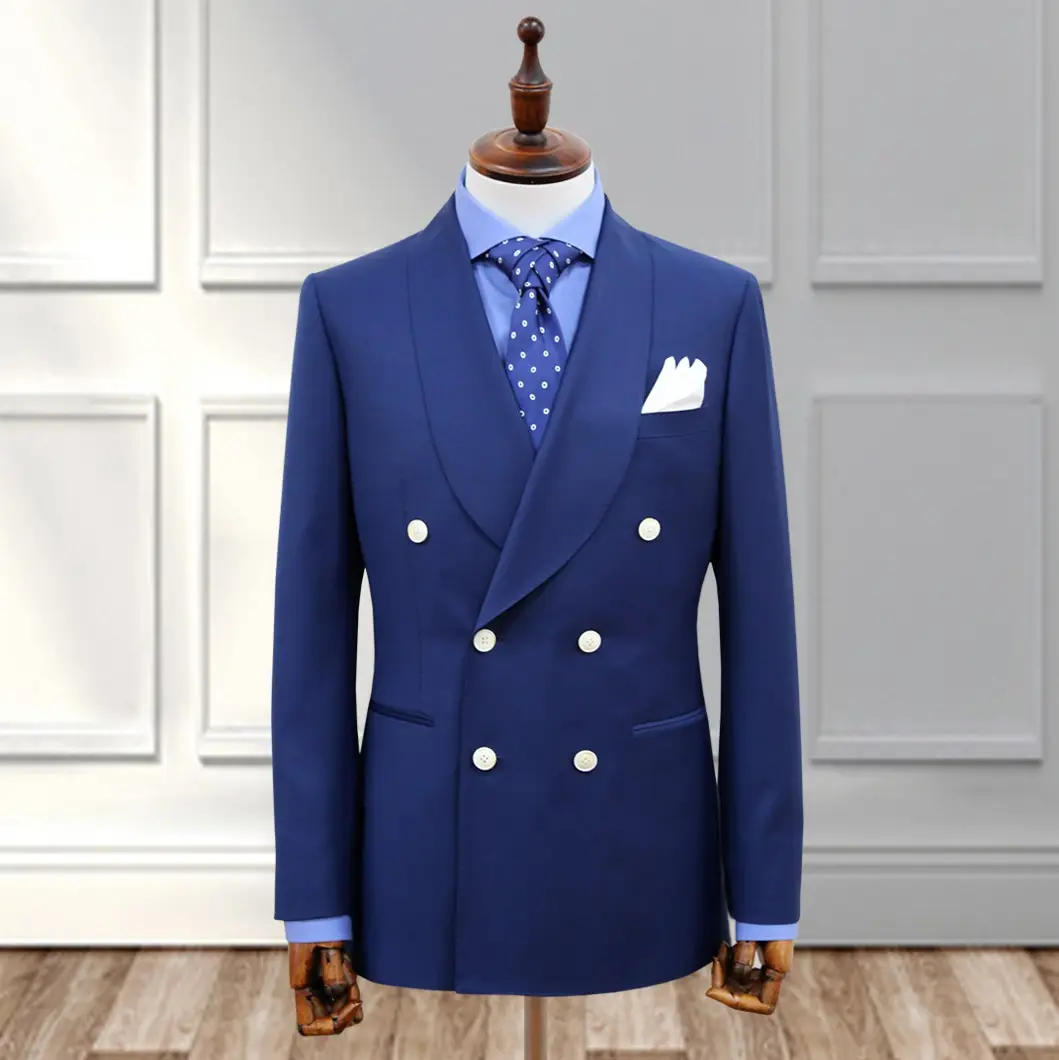 नई फैशन डार्क ब्लू worsted कपड़े डबल छाती शाल अंचल डबल झालर जेब पुरुषों रंगीन जाकेट जैकेट व्यापार पुरुषों के सूट