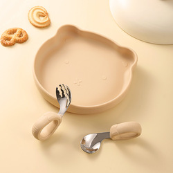 Bear plate-milk tea color-training fork spoon-beige