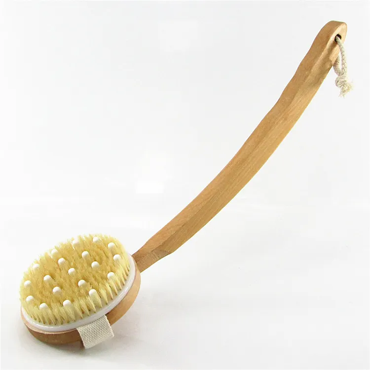 Escova de banho de corpo seco de alta qualidade com cabo de madeira longo esfoliante para chuveiro de cabelo de sisal de cobre fino bronzeador