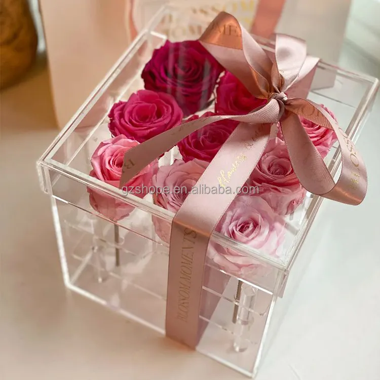 SHP haute qualité nouveau plexiglas clair Rose cadeau vitrine frais Rose acrylique boîte à fleurs avec couvercle