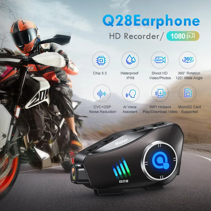 Câmera de vídeo Q28 para motocicleta 1080P com ajuste de 360 graus e fone de ouvido com dente azul