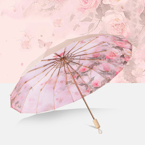 遮阳彩色橡胶防晒紫外线金棒手动晴雨两用三折伞16根肋骨 - Product Image 1