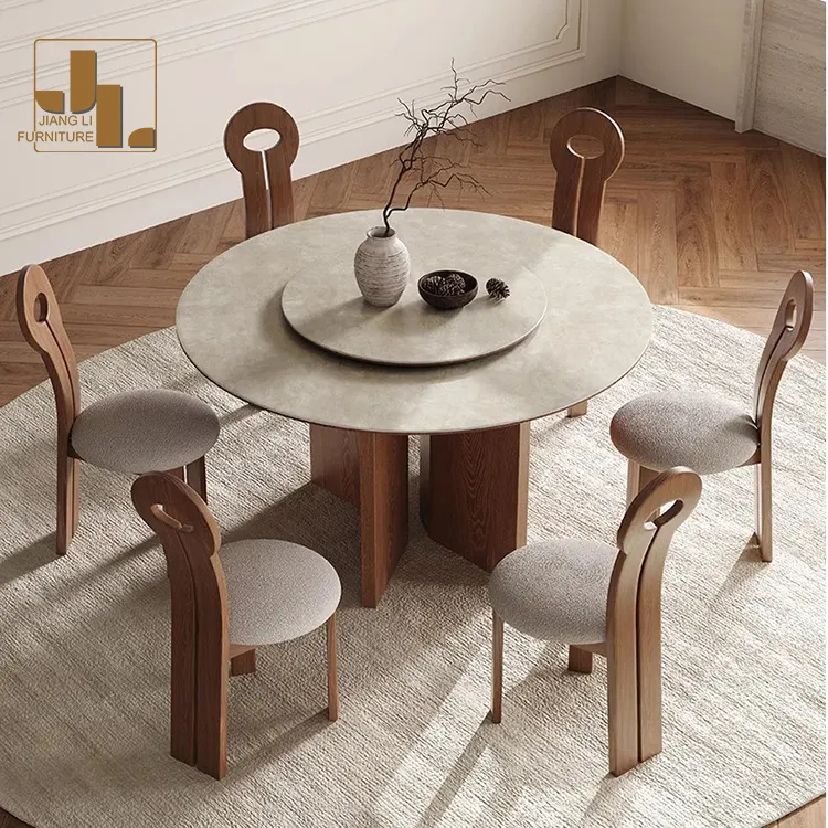Mesa de comedor de nogal redonda con marco de madera maciza simple italiano, comedor moderno, hotel, villa, mesa de comedor y muebles de silla