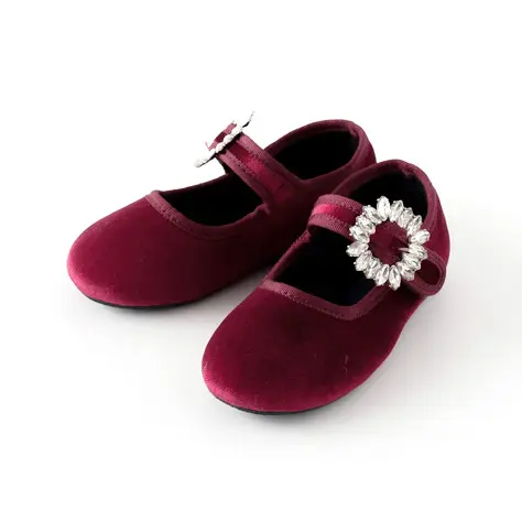 OEM Factory Wine Red Velvet With Diamond Straps Mary Jane Ballerina Flats Shoes For Girls