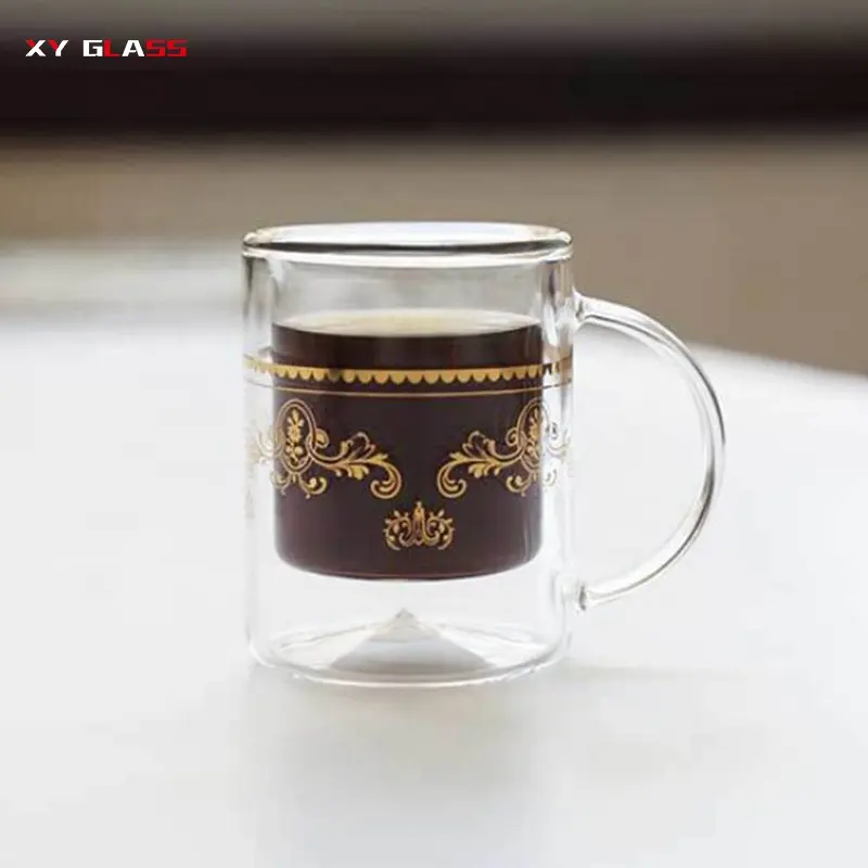 Tazza da tè per bevande in vetro termico a doppia parete fatta a mano con logo dorato personalizzato