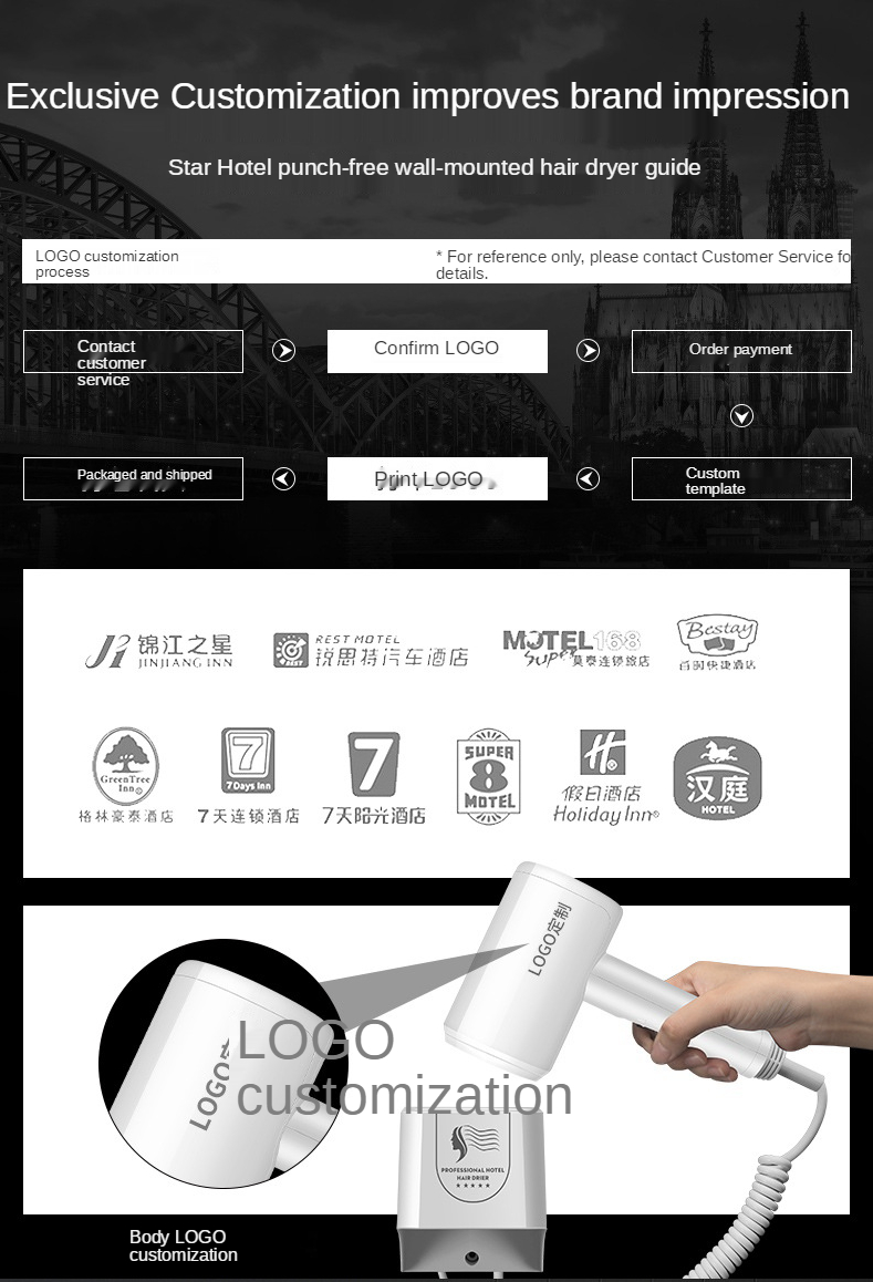 Hot sale hotel hair dryer wall-mounted hair dryer high-power hammer household wall-mounted special hair dryer custom logo