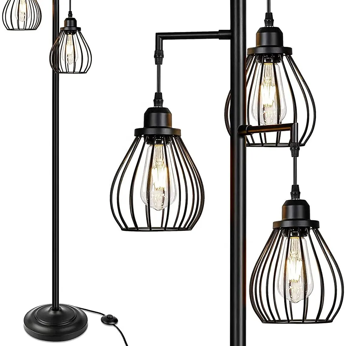 Baum Stehlampe mit 3 eleganten Teardrop Käfig kopf ST58 Edison LED-Lampen Robuster Sockel Hohe Vintage Pole Light Ideal für Bauernhaus