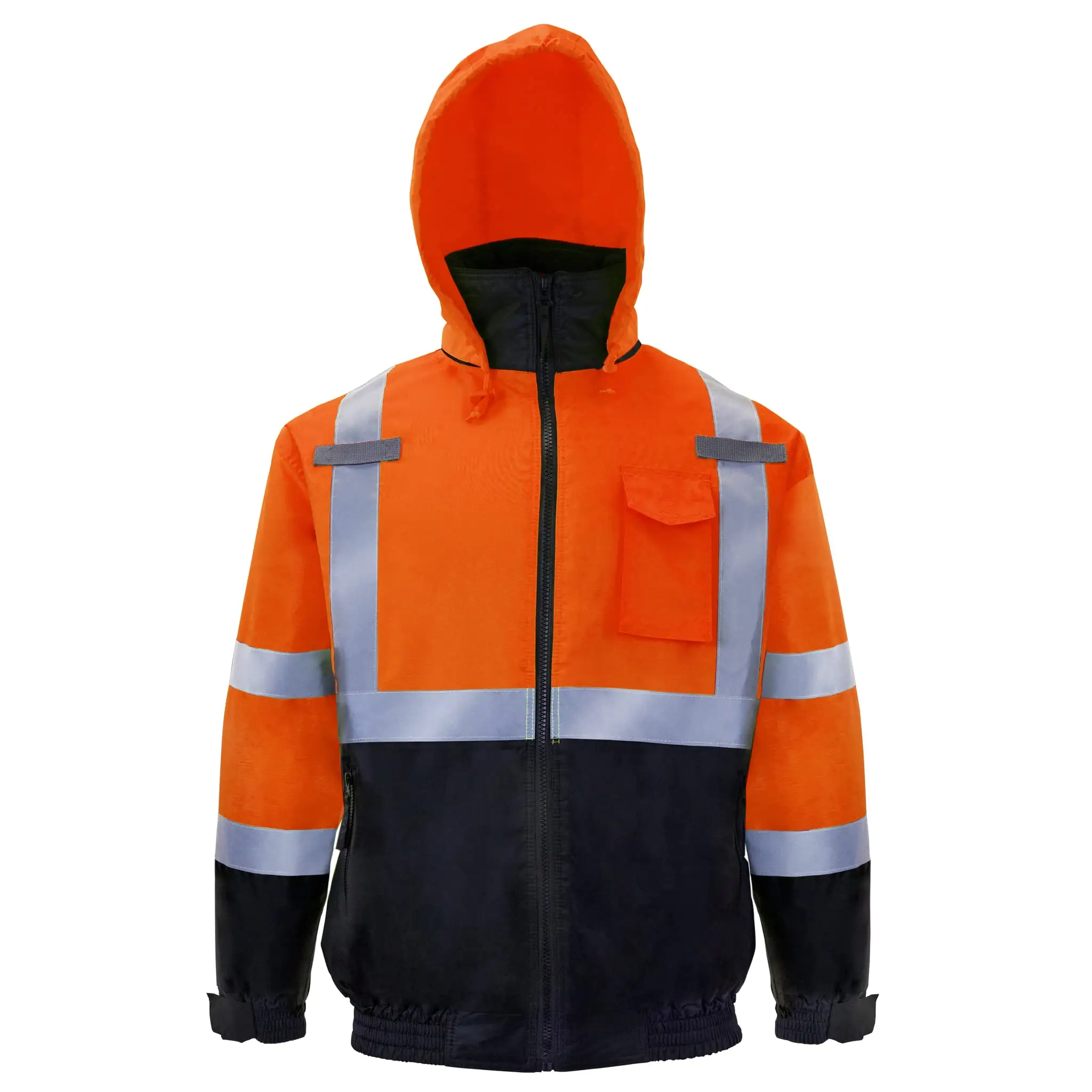 Giacca a vento riflettente da uomo arancione uniforme da lavoro con cappuccio da costruzione di sicurezza ad alta visibilità