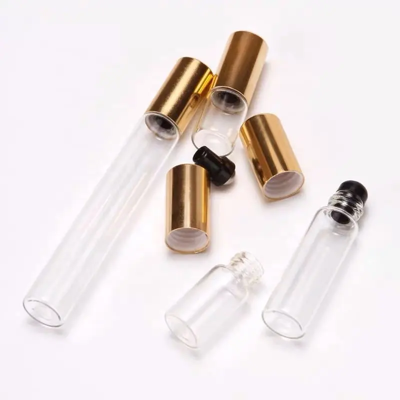 زجاجة صغيرة فارغة 1 مل 2 مل 3 مل 5 مل 10 مل شفافة للزيوت العطرية أنبوبية مع كرة معدنية بكرة ذات أغطية ذهبية وفضية وسوداء