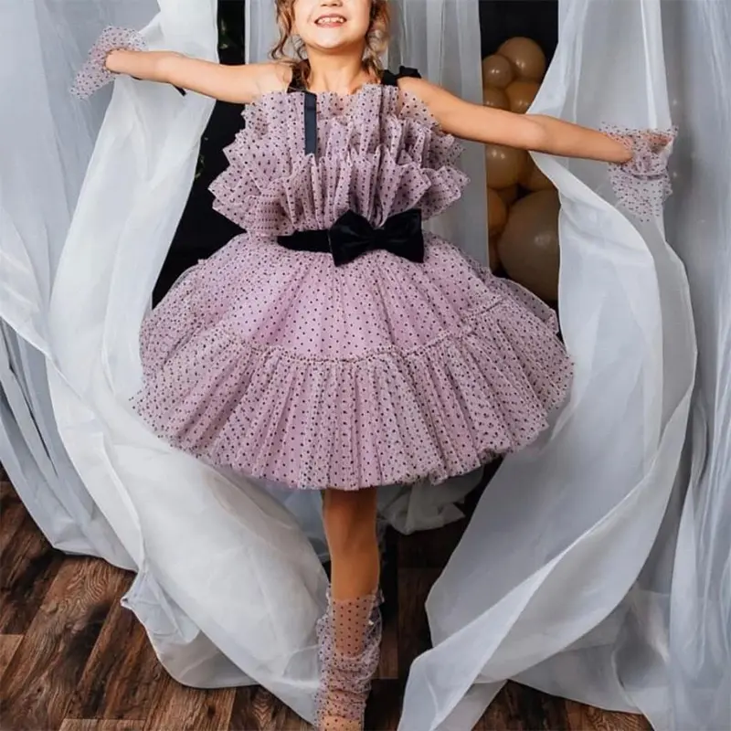 Nueva ropa para niños, vestido de princesa con flores, vestido de malla Pengpeng para niñas, vestido de banquete de cumpleaños para actuación de piano