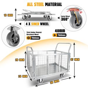 Carrinho de plataforma com gaiola 4-em-1 Heavy Duty Push Cart Dolly Load 1800LBS Caminhão de mão de plataforma multiuso Dolly Flatbed Cart