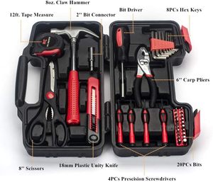 39 Piece <strong>Tool</strong> Set General Household Hand <strong>Kit</strong> With <strong>Red</strong> Plastic Toolbox Storage Case - Product Image 2