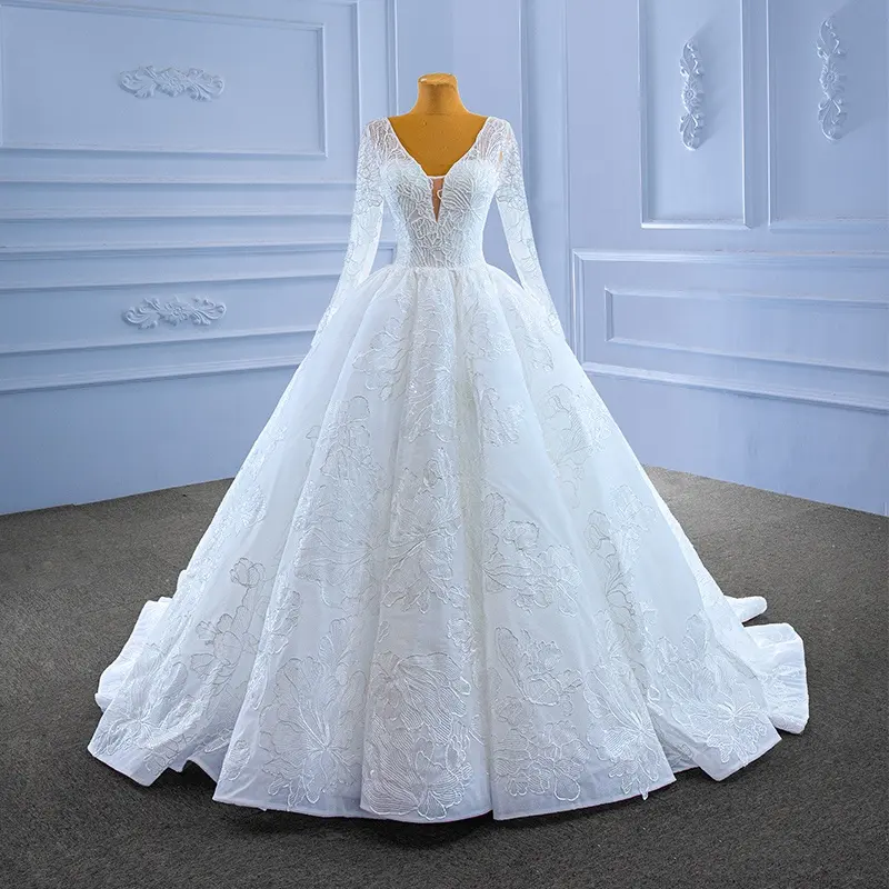 Abito da sposa personalizzato abito da ballo principessa gonfio Appliques in pizzo avorio maniche lunghe