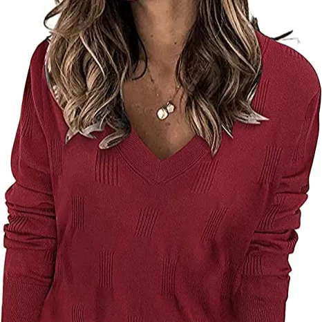 Suéter de algodón personalizado para mujer, Jersey de manga larga con cuello en V, de punto sólido, a la moda