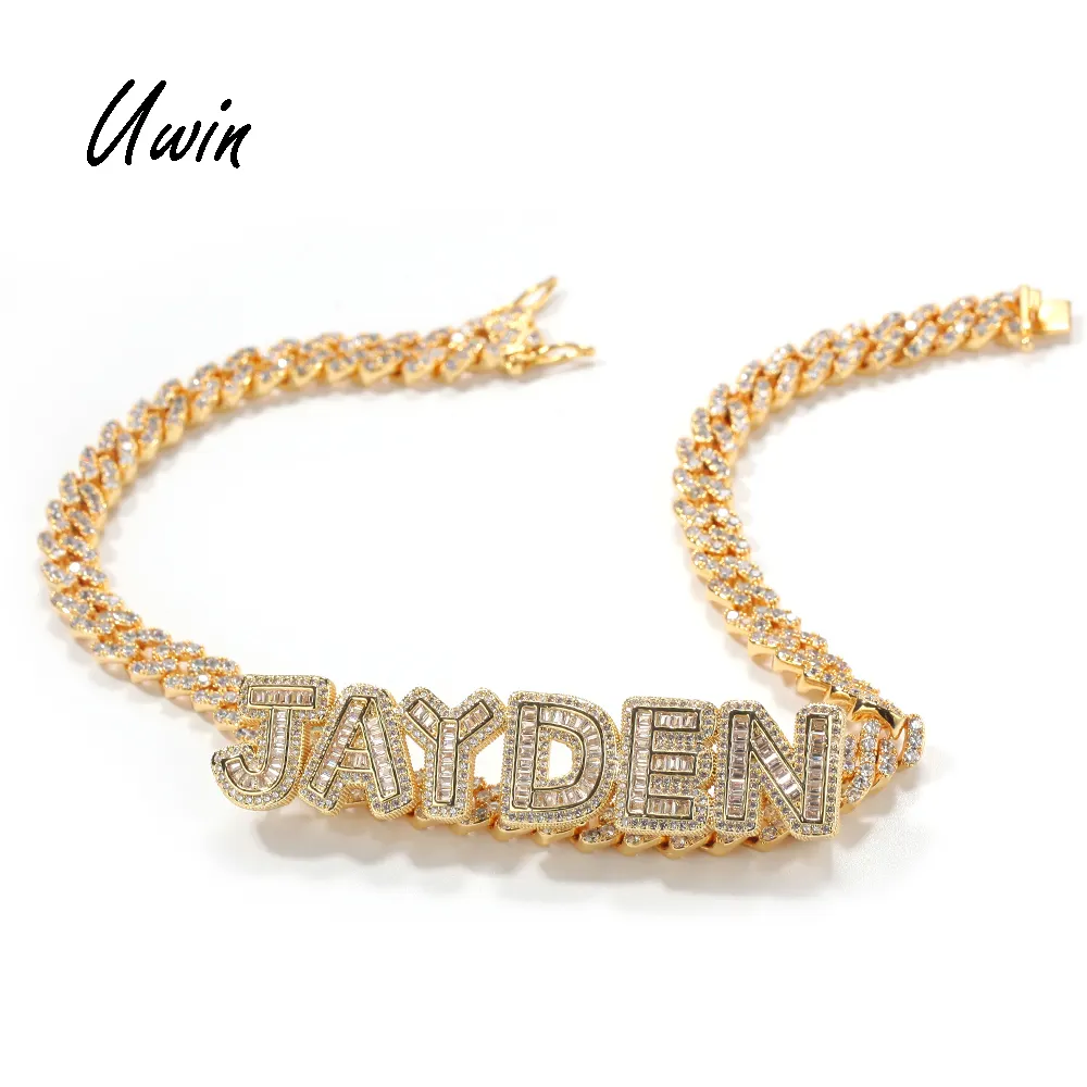 Hip Hop Personalizzato Cuban Link Nome 9 millimetri Collana Del Choker In Ottone Zirconia Nome Della Catena 18K Oro Placcato Gioielli