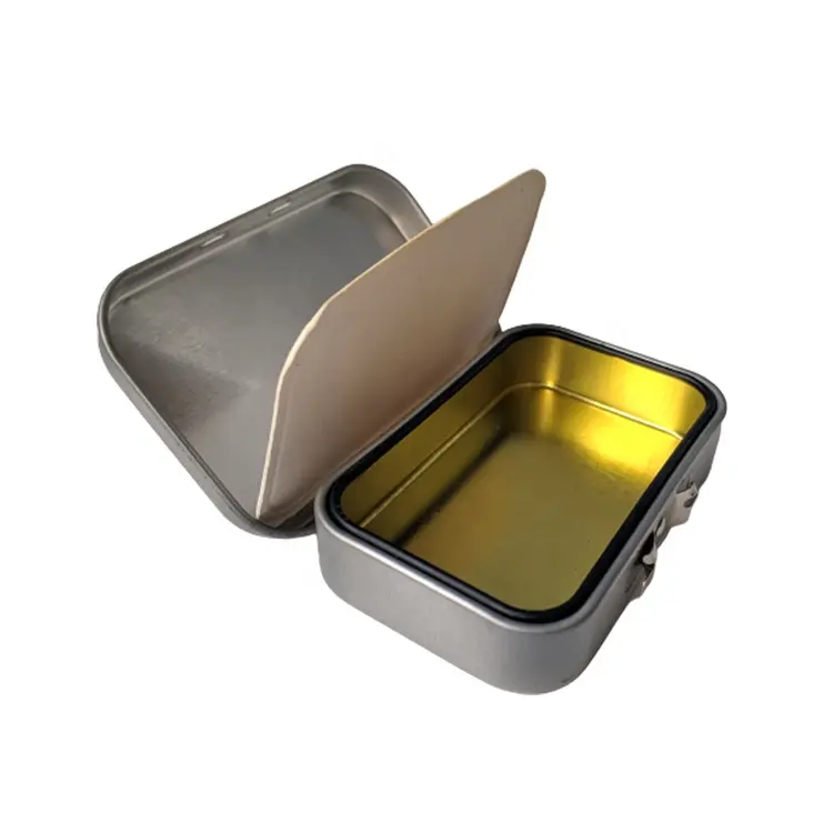 Caja de lata Rectangular de Metal pequeña vacía personalizada para dulces píldora caramelo menta embalaje con tapa con bisagras