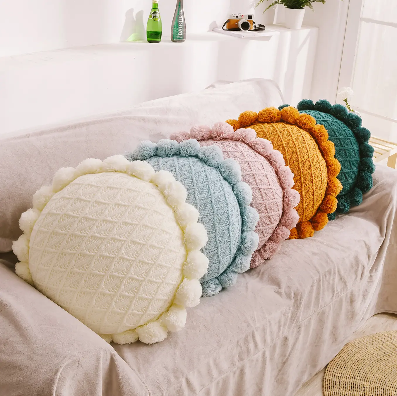 Almohada creativa para tejer con bolas, cojín para tejer, cojín para sofá, cojín redondo hueco tridimensional