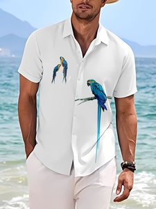 Erkek düğme aşağı gömlek, yaz havai gömleği, papağan desen kısa kollu gömlek - Product Image 4
