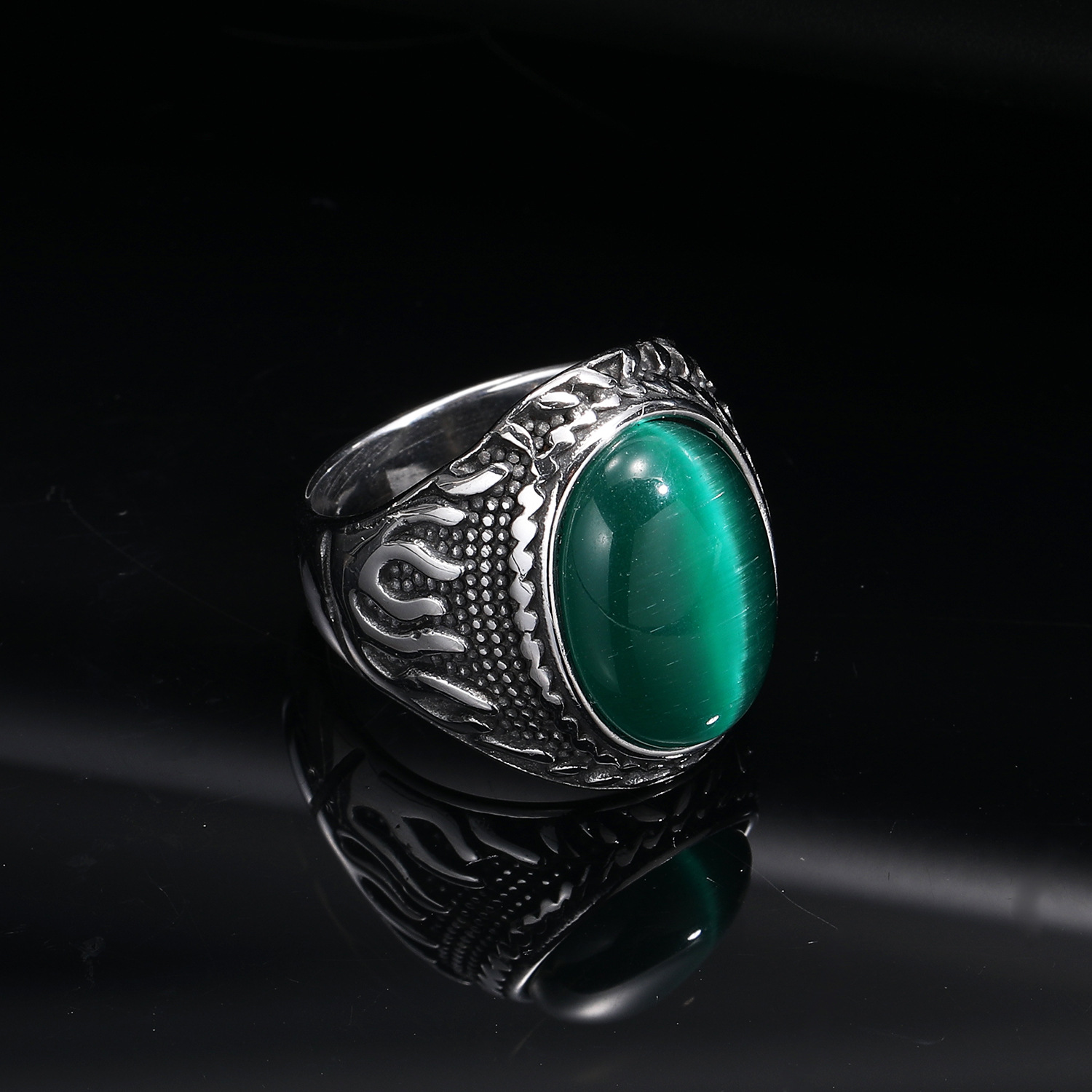 Bague argentée, verte et turquoise