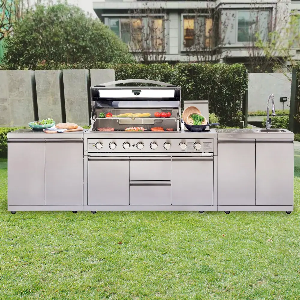 Parrilla de gas integrada de acero inoxidable personalizada, barbacoa más grande, armario de cocina modular para exteriores, jardín