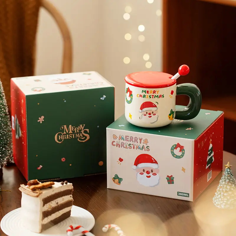 Taza de Navidad original con cuchara con tapa Taza de pareja de alta belleza Regalo creativo con taza de agua de cerámica