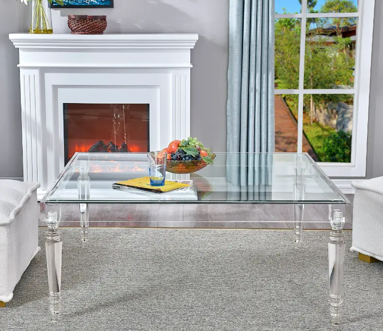 Table de salle à manger carrée en acrylique de luxe avec plateau en verre
