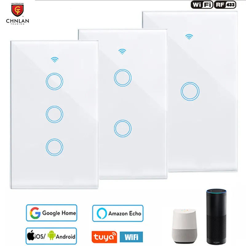 110V 220V Sin cable neutro y neutro 1/2/3/4 Gang Tuya WiFi Interruptor de luz con RF433 Interruptor táctil inteligente de pared eléctrica