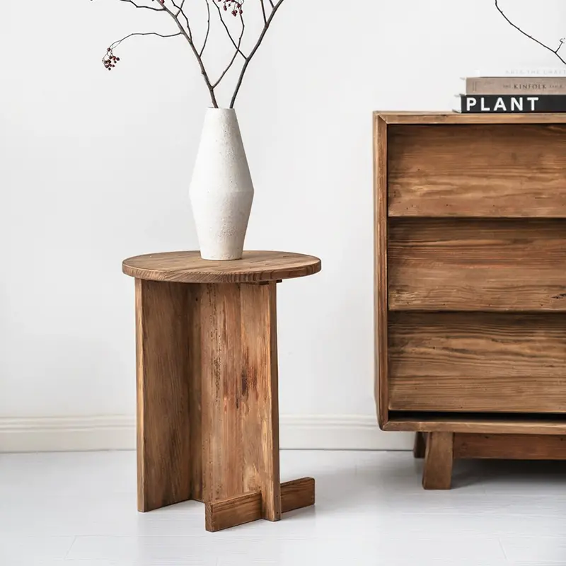 Rustieke Huis Boerderij Salontafel Voor Woonkamer Meubels Vintage Grenen Hout Nordic Wabi-Sabi Kleine Ronde Houten Bijzettafel