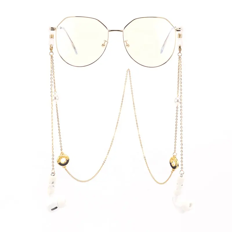 Cadena de auriculares inalámbricos de acero inoxidable con perlas, cordón antipérdida, cadena de gafas
