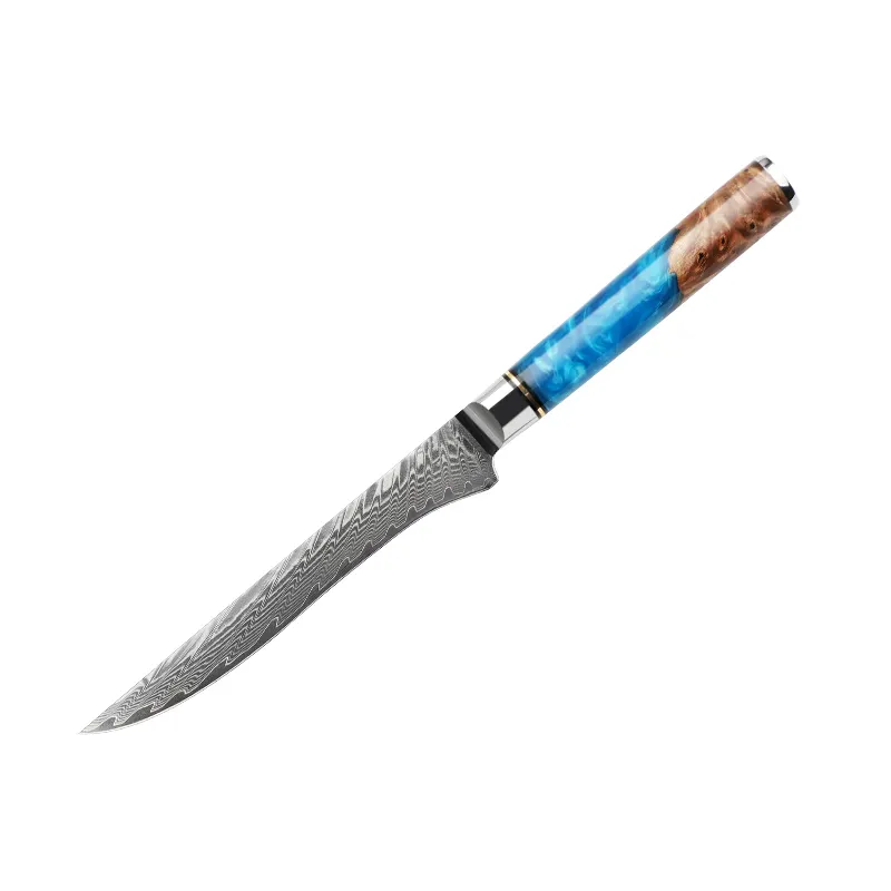 シェフの肉切りナイフ6インチ67層ダマスカス鋼骨抜きナイフ包丁ブルーレジンカラーウッドハンドル