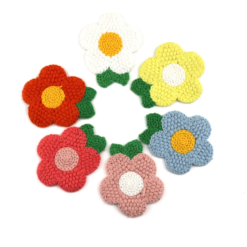 Accesorios de flores de ganchillo de bricolaje bordado de flores de algodón 100% de 3 pulgadas de nuevo diseño para adorno de pelo de vestido, ropa para niños, bolsa