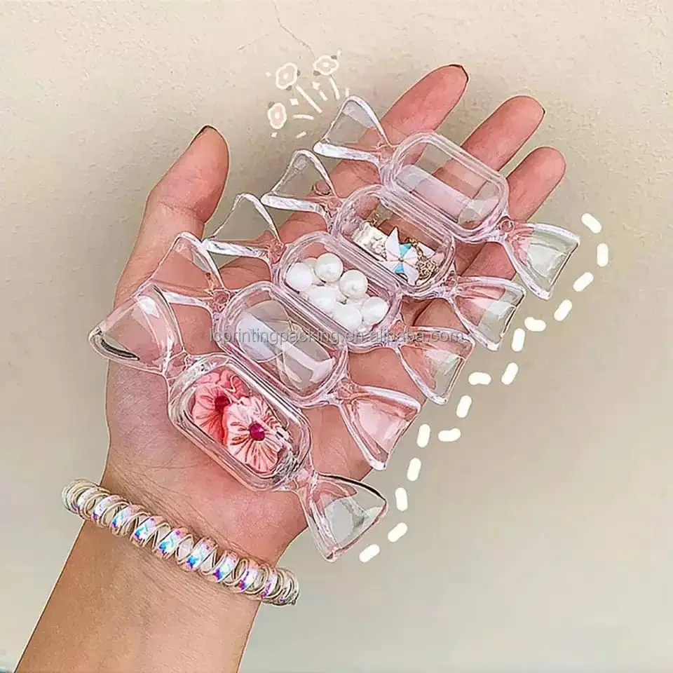 Прозрачный пластиковый портативный мини-ящик для хранения ювелирных изделий в форме конфет для сережек и ожерелья