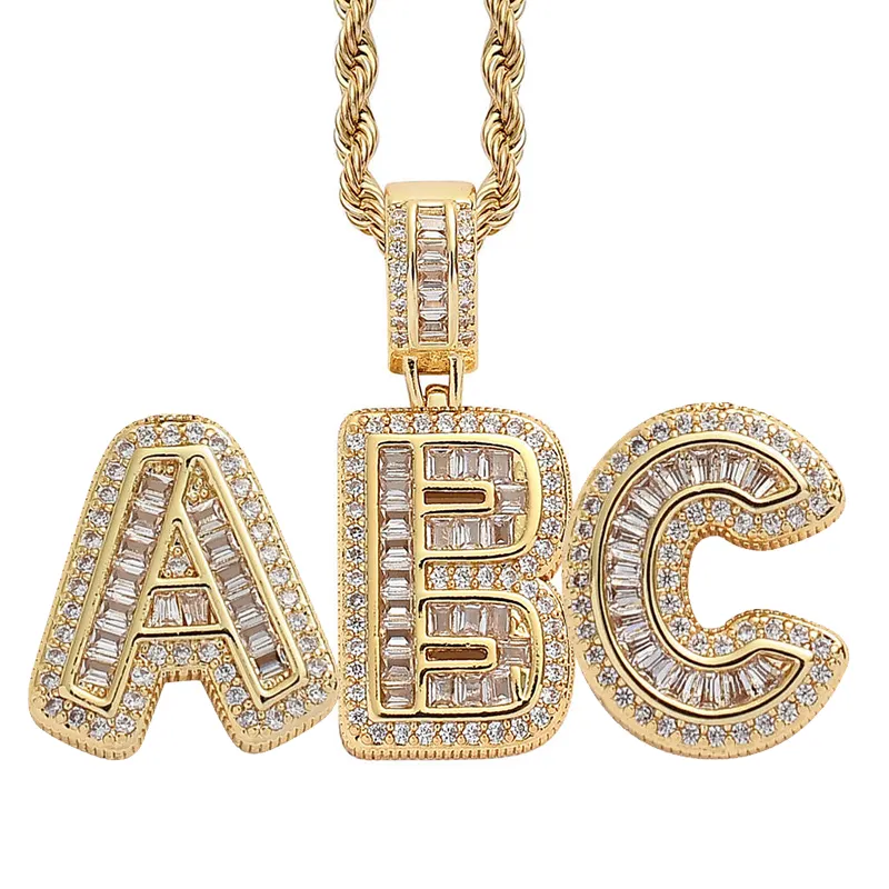 Hip Hop CZ Micro Pave 26 lettera iniziale placcato oro Iced Out Baguette iniziale collana pendenti con ciondoli
