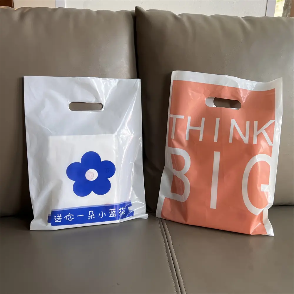 Venta directa de fábrica Diseño de logotipo personalizado Impreso Ldpe Troquelado Mango Bolsa de plástico