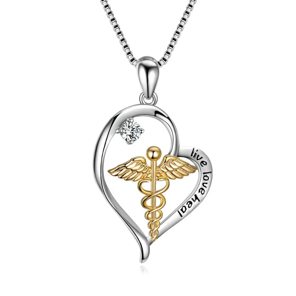 925 Sterling Silber Live Love Heart Zirkon Caduceus Angel Nursing Themed Anhänger Halskette