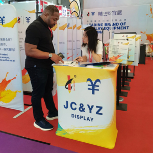弹出式柜台可折叠贸易展览柜台铝定制贸易展览桌子展示架椭圆形张力织物柜台 - Product Image 1