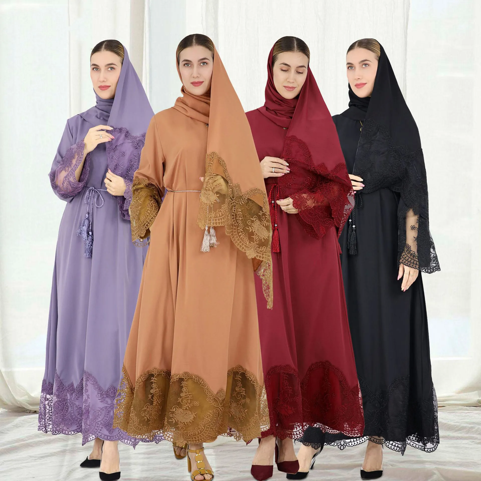 Turco Novo Estilo Lace Bordado Abaya Mulheres Muçulmanas De Luxo Abaya Noite Elegante Vestido Longo Desgaste Do Partido Com Hijab Correspondência