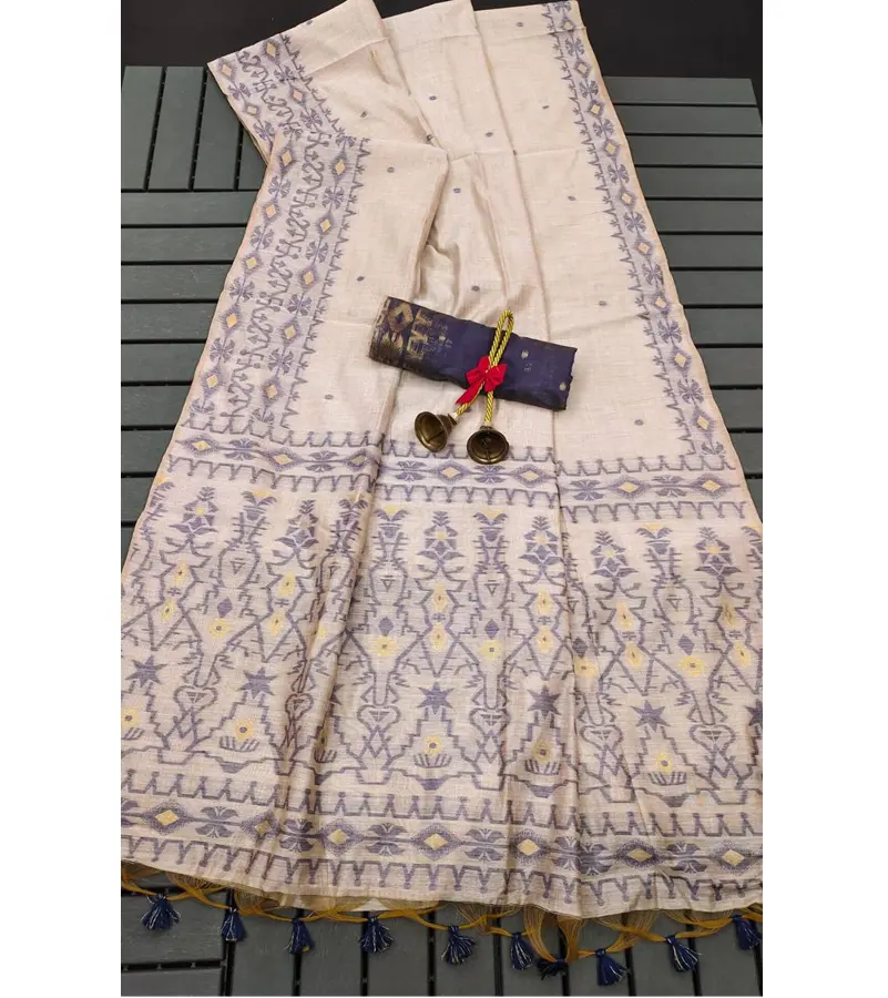 Saree cotton muga mềm cao cấp trong khái niệm jamdani với đường viền dệt tương phản với mảnh áo tương phản