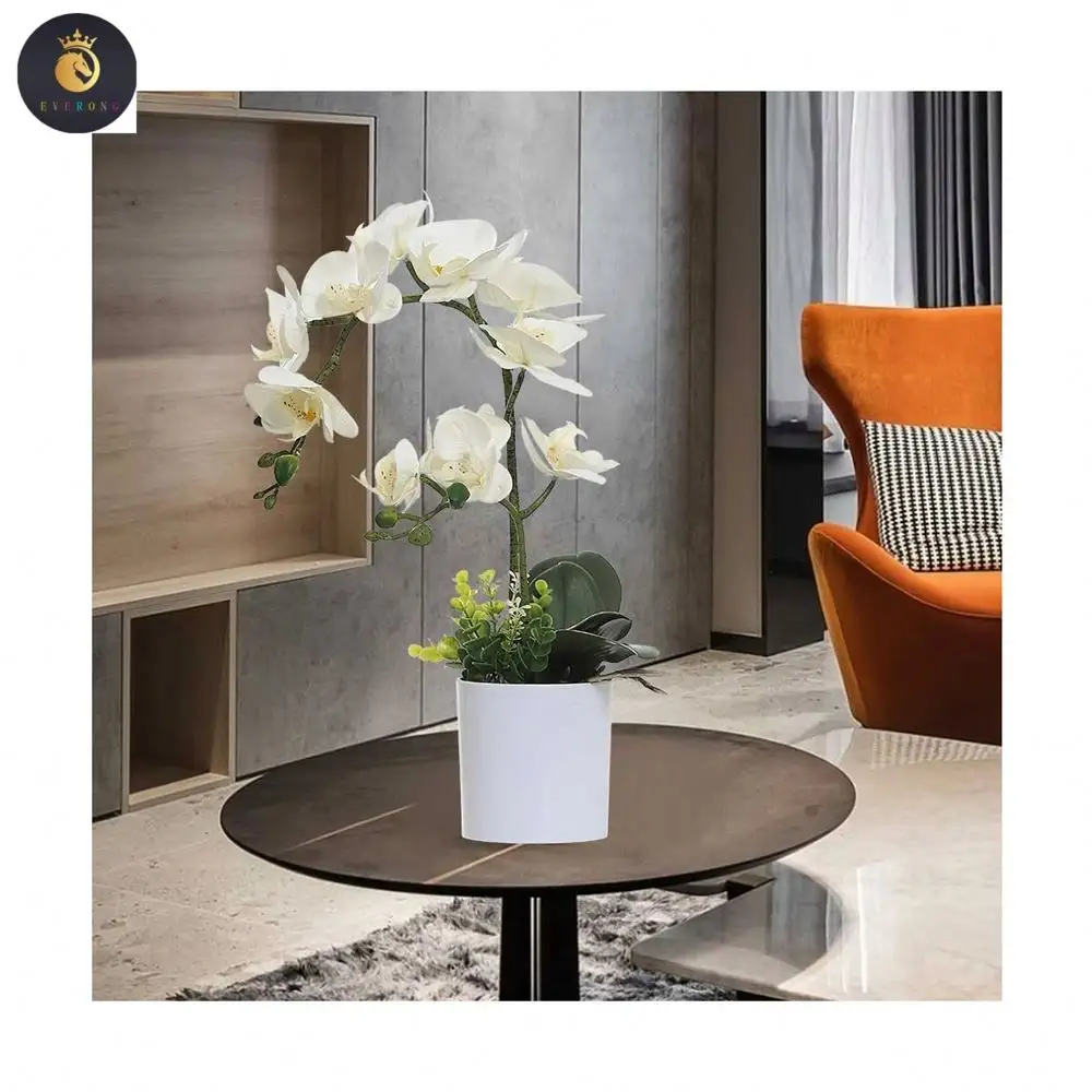 Stampa 3D vero tocco 7 teste di orchidea artificiale fiore bonsai con vaso bianco