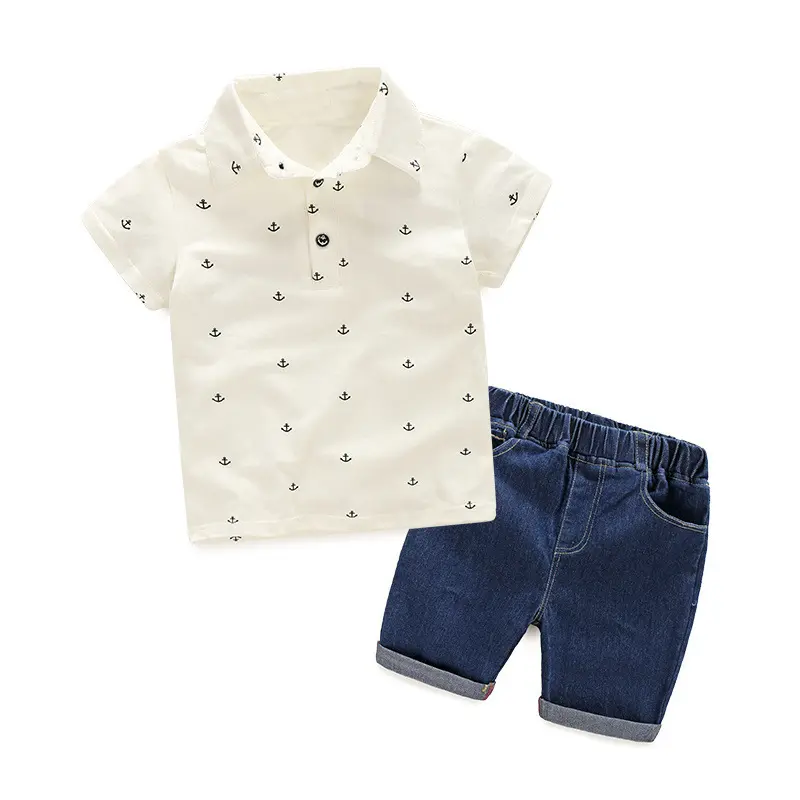 Polo da ragazzo estiva di alta qualità + pantaloncini di Jeans blu scuro stampa di ancoraggio ragazzo bambino Costume Casual abbigliamento quotidiano abbigliamento bambino ragazzo